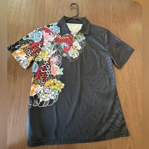 Women’s  Black and colored Graphic Polo Shirt Japanese Koi Medium
